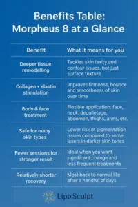 How Often Can I have Morpheus 8? 3 Table showing the benefits of Morpheus 8 treatment from Lipo Sculpt Sutton
